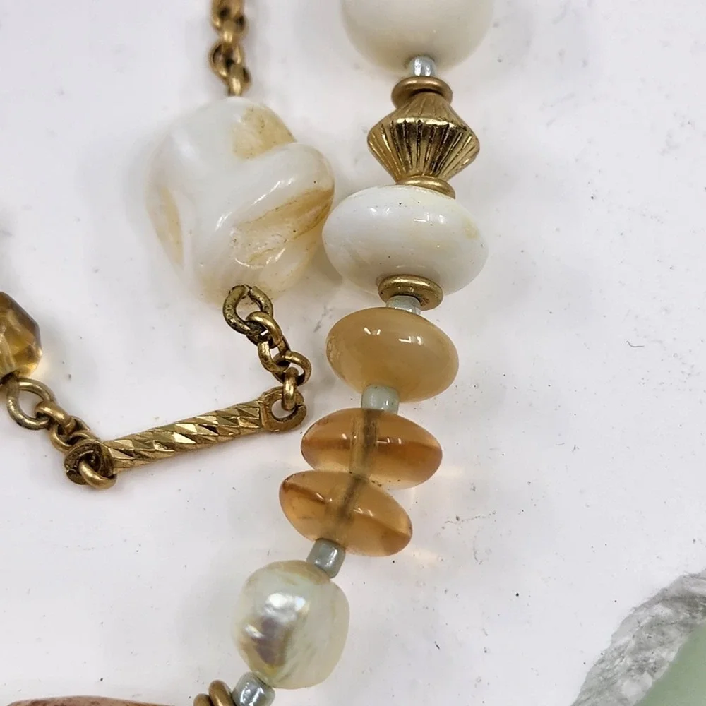 Lia Sophia Cream Beads Faux Pearl Amber & Gold Tone Multi Strand Boho Necklace